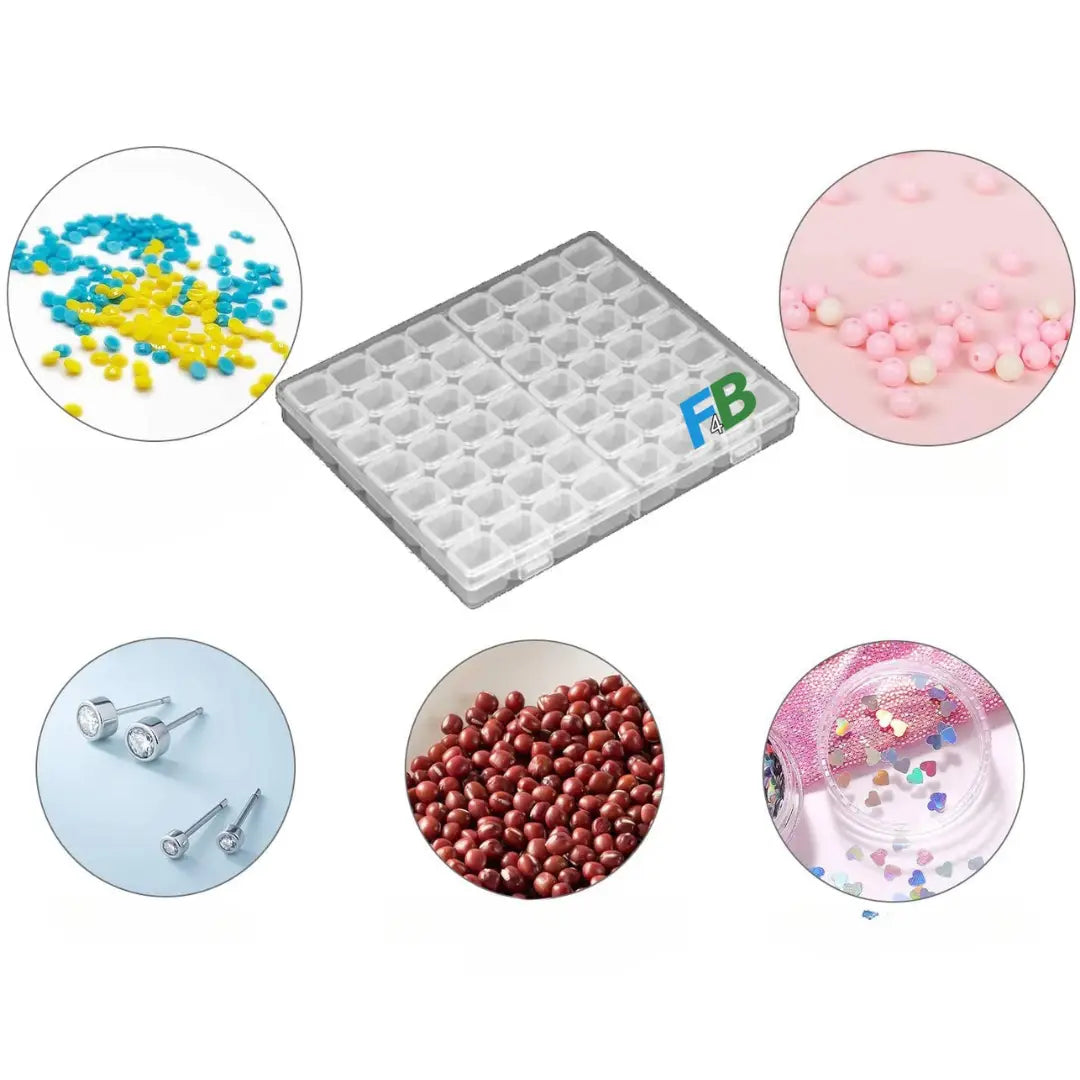 Transparante opbergdoos met 56 kleine vakjes, geschikt voor het bewaren van diamond painting steentjes en andere kleine accessoires.