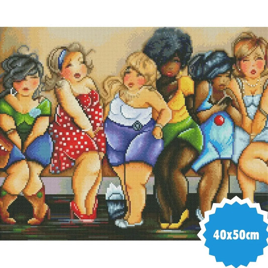 Diamond painting voorbeeld van zes vrolijke volle dames die in de rij staan, met afmetingen 40x50 cm