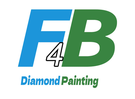 Logo van F4B Diamond Painting met blauwe en groene letters, en de ondertitel "Diamond Painting" in blauw en groen.