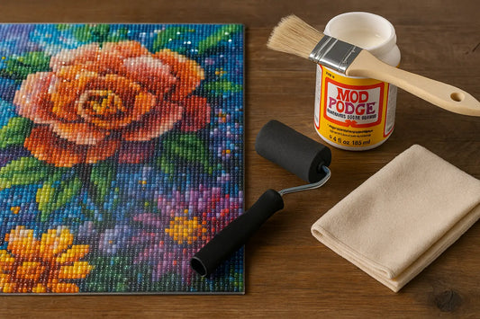 Benodigdheden voor het sealen van een kleurrijke bloemen diamond painting met Mod Podge, penseel, roller en microvezeldoek op houten tafel.