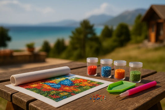 Diamond painting set met kleurrijk canvas, potjes steentjes en pen op houten tafel met uitzicht op meer en bergen.