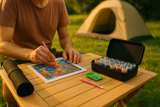 Man plaatst steentjes op kleurrijke diamond painting aan houten kampeertafel met opbergdoos en tent op de achtergrond in zonlicht.