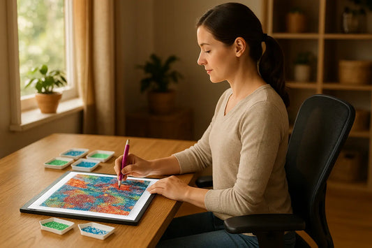 Vrouw aan bureau bezig met kleurrijke diamond painting, met bakjes groene en blauwe steentjes naast zich in een verlichte kamer met planten.
