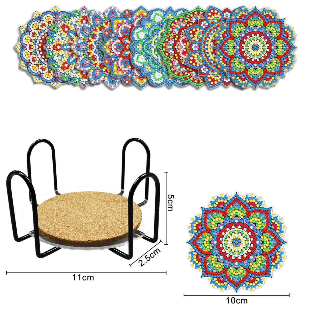 Set van acht ronde diamond painting onderzetters met mandala-ontwerpen en een houder, 10 cm groot.