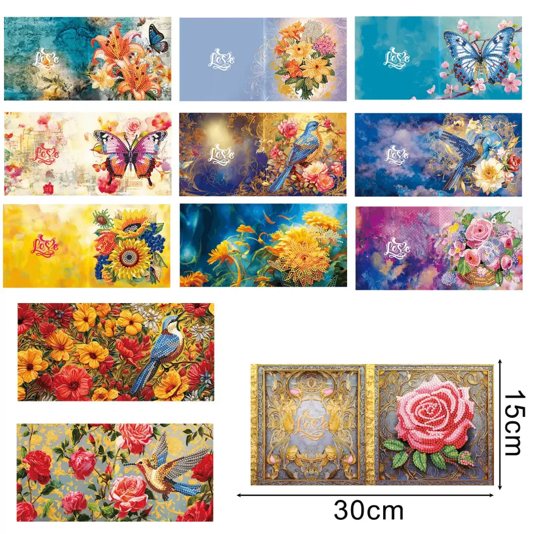 Uiteenlopende collectie diamond painting kits met ontwerpen van bloemen, vogels en vlinders in rijke kleuren en details, ideaal voor decoratie of hobby.