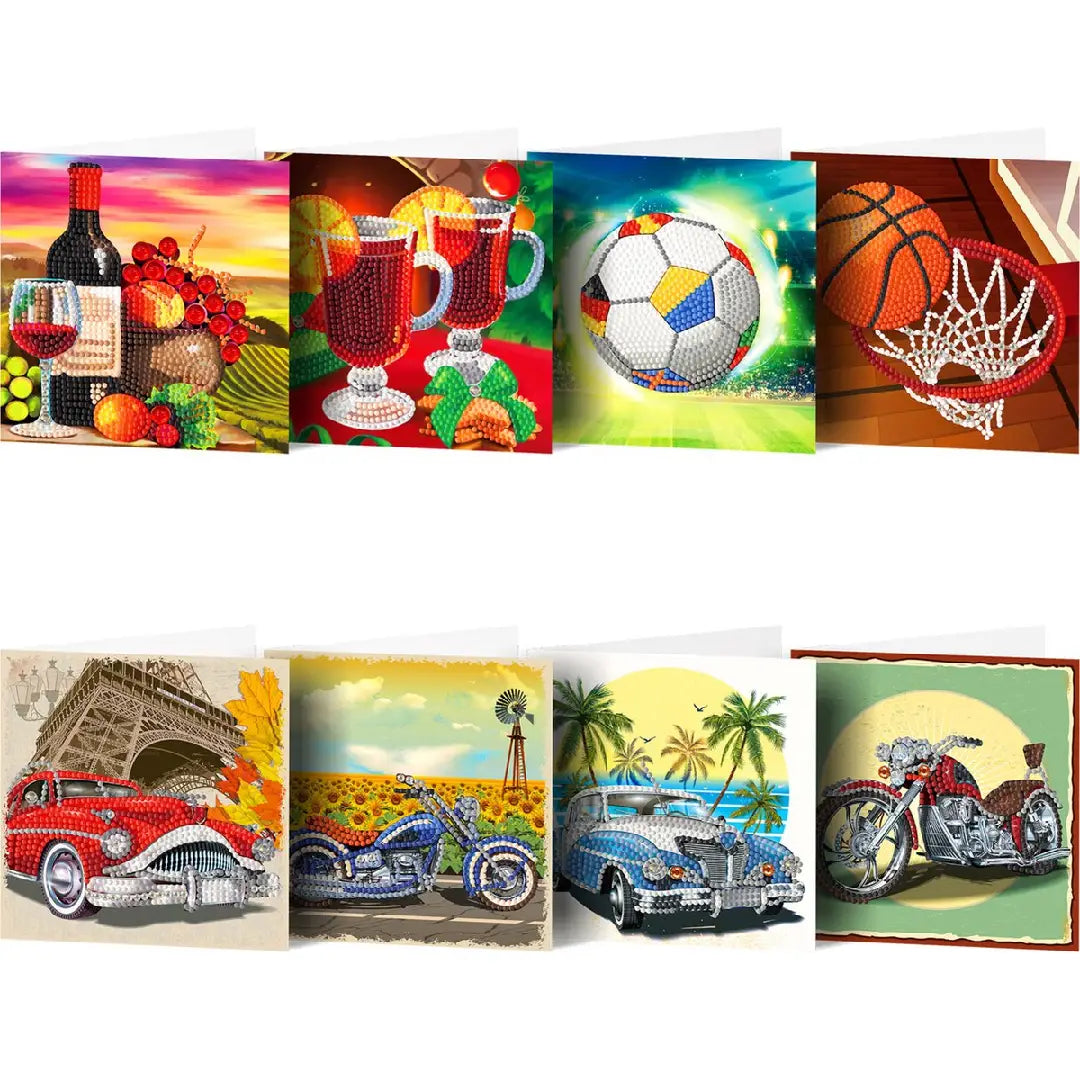 Verzameling van diamond painting wenskaarten met auto's, motorfietsen en sportmotieven