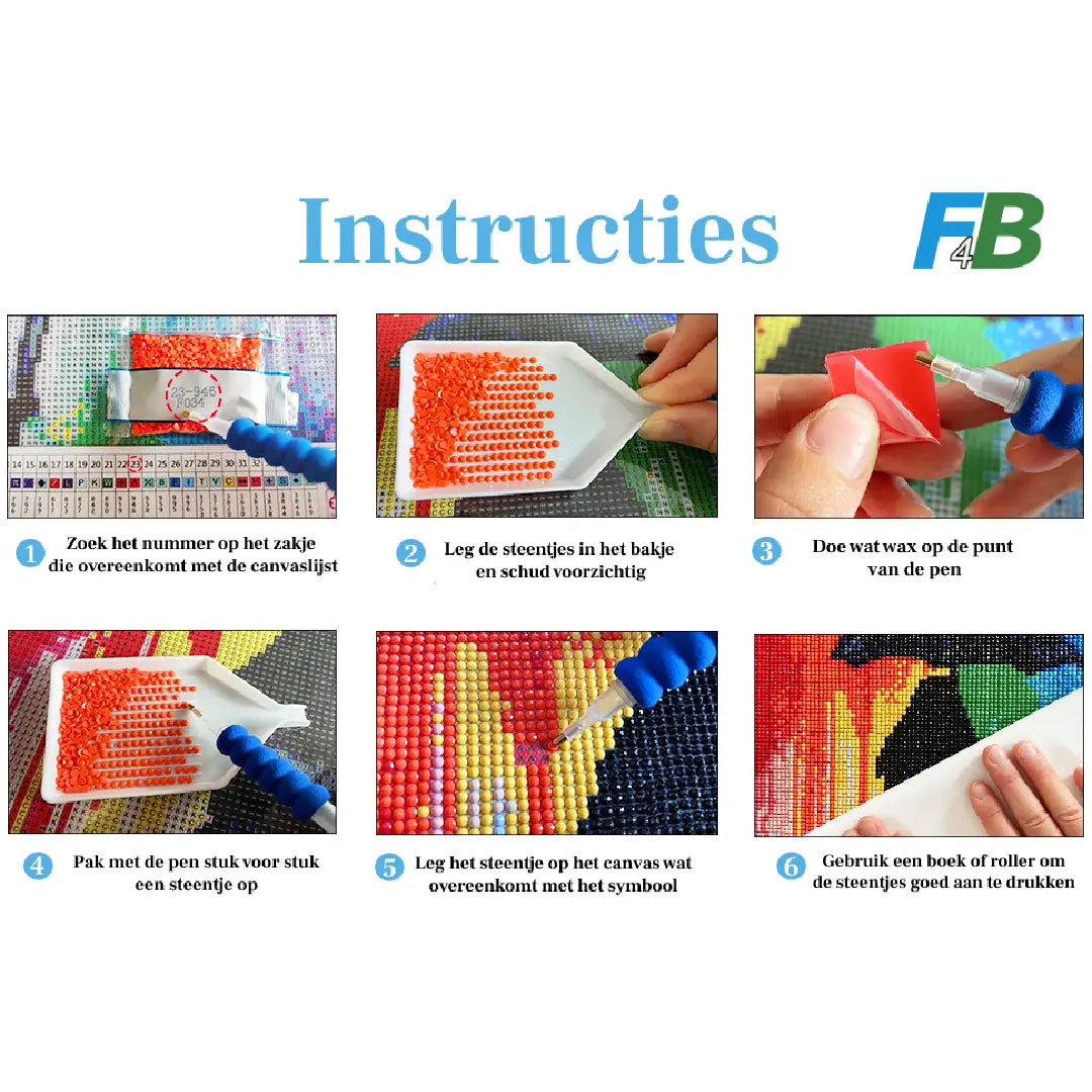 Stap-voor-stap instructies voor diamond painting, inclusief het zoeken van nummers, schudden van steentjes, aanbrengen van wax, en plaatsen van steentjes op het canvas.