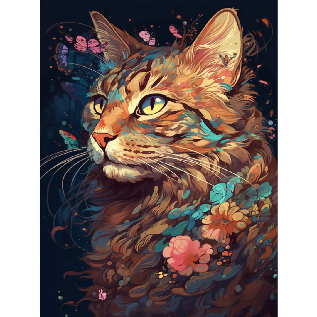 Gedetailleerd diamond painting ontwerp van een kat met bloemendecoraties in levendige kleuren, ideaal voor kunstliefhebbers.