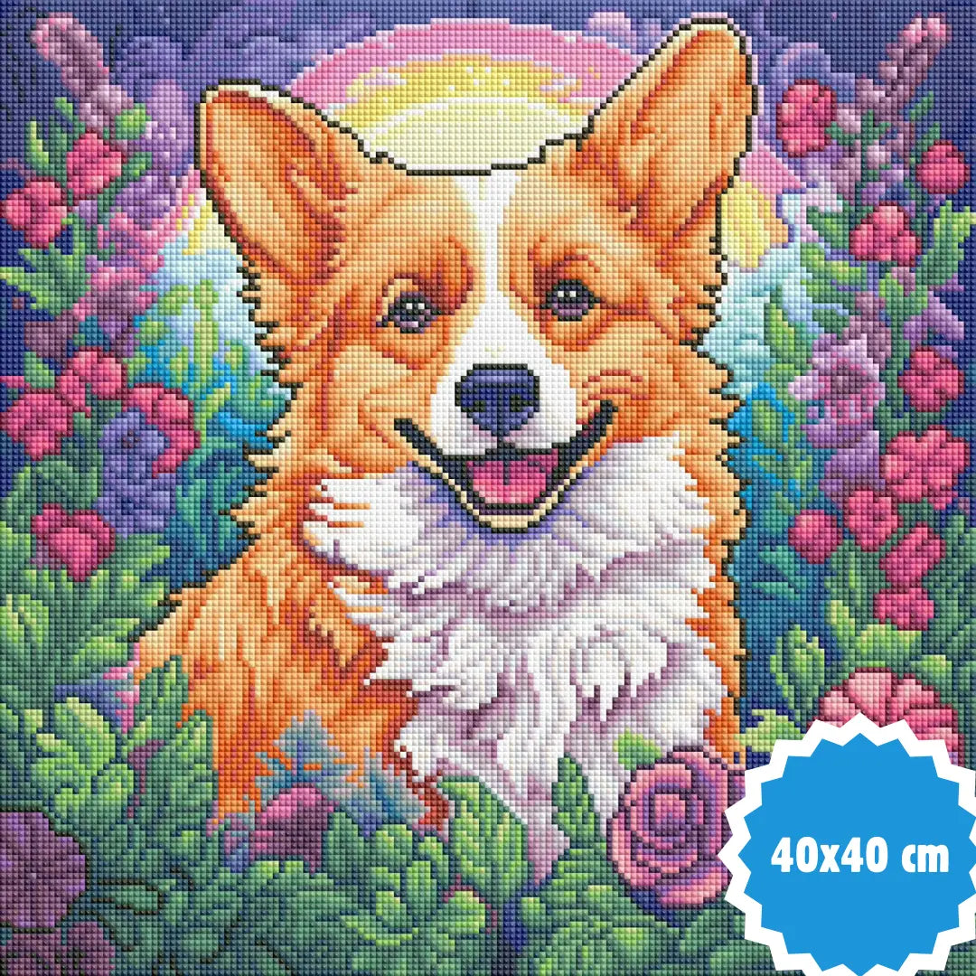 Diamond painting van een corgi hond omgeven door bloemen, 40x40 cm