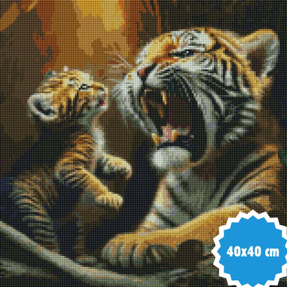 Diamond painting van een tijger met een welp, 40x40 cm