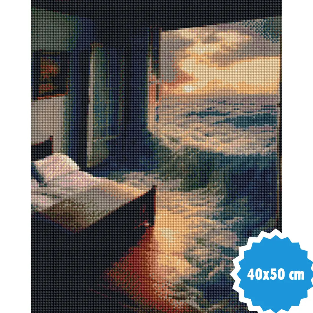 Diamond painting van een slaapkamer met een deur naar de zee tijdens zonsondergang, 40x50 cm.