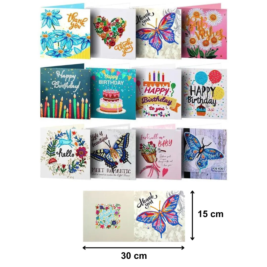 Diamond Painting Karten - Grußkarten (1) - 15x15cm - 12-teilig - Runde Steinchen - Mit Umschlägen