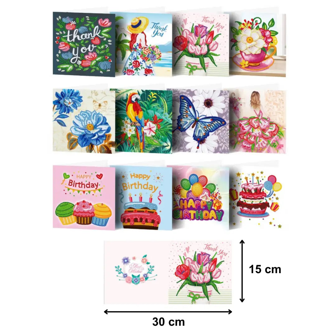 Diamond Painting Karten - Grußkarten (2) - 15x15cm - 12-teilig - Runde Steinchen - Mit Umschlägen