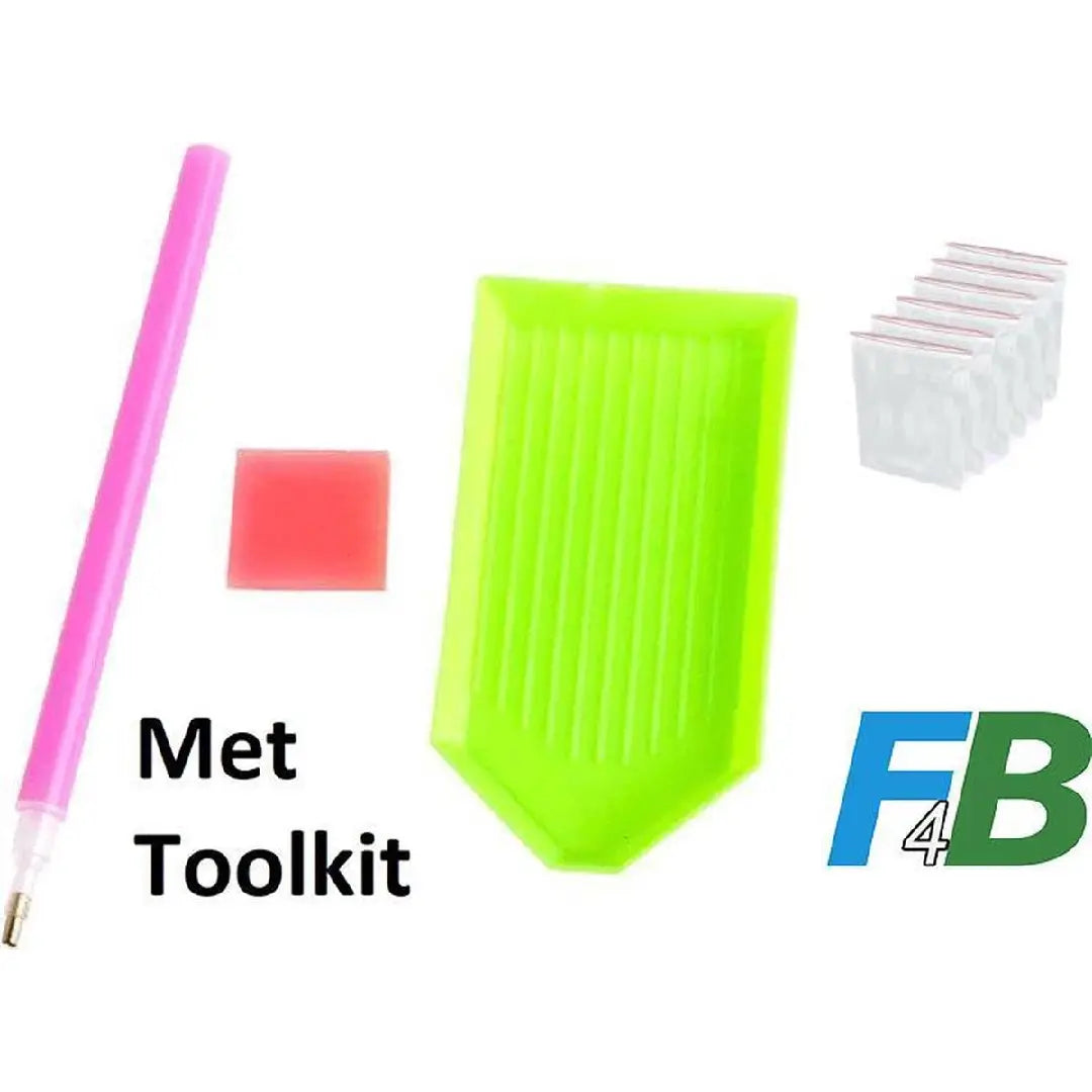 Diamond painting toolkit met pen, waxblokje, groen sorteerbakje en kleine opbergzakjes