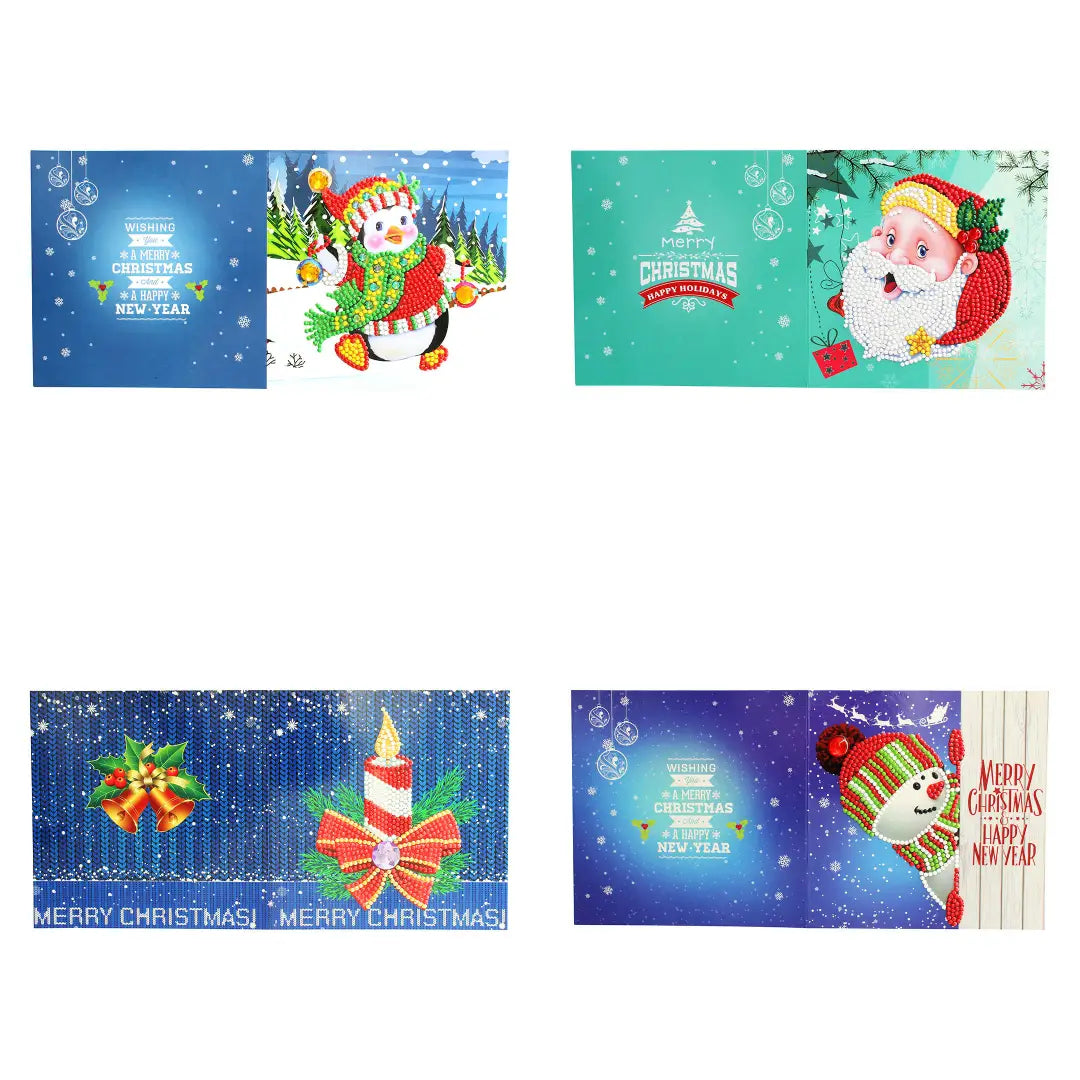 Collectie van vier diamond painting kits met winter- en kerstthema, inclusief sneeuwpoppen en kerstmannen, perfect voor de feestdagen.