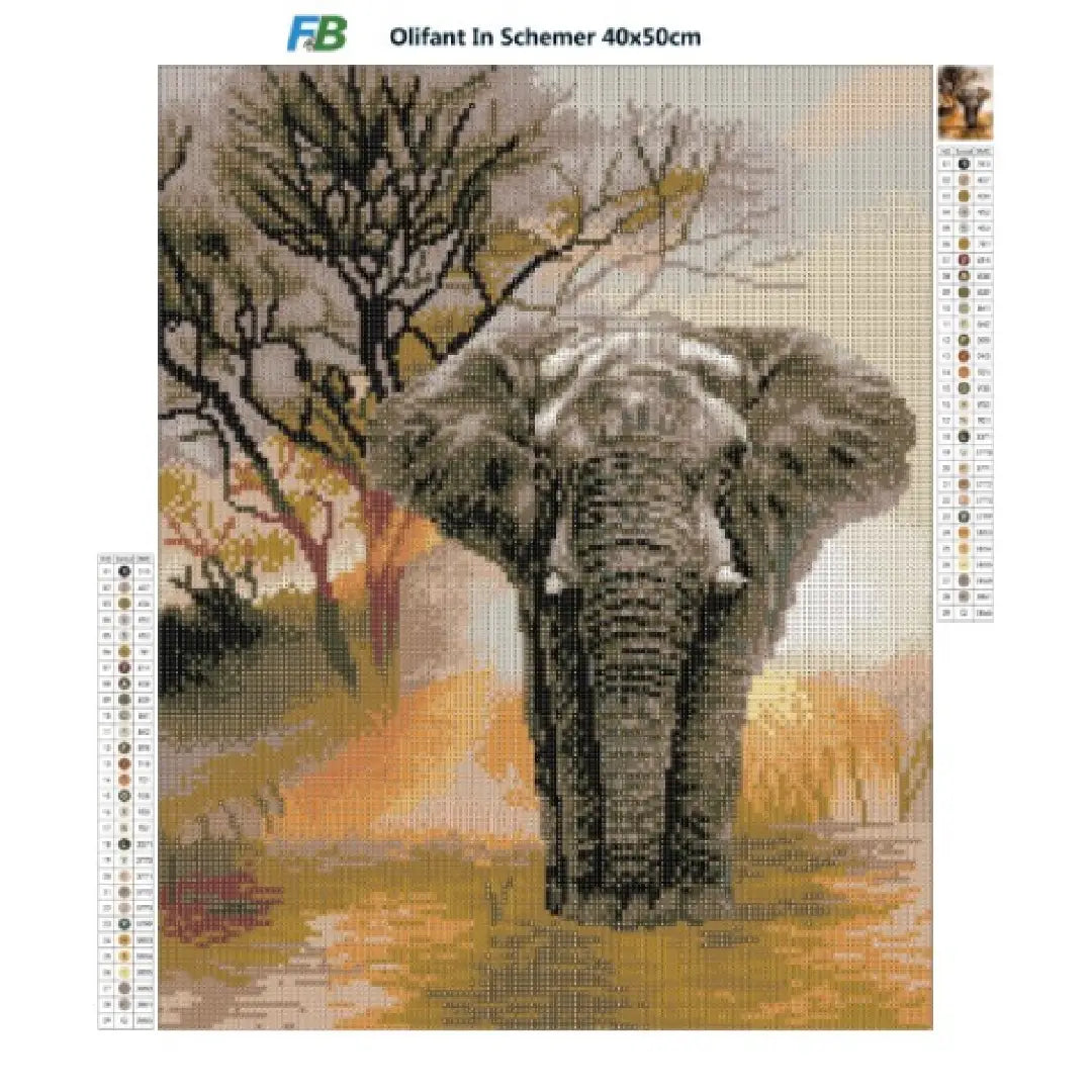 Diamond painting kit van een olifant in schemerlicht met gedetailleerde boomachtergrond.